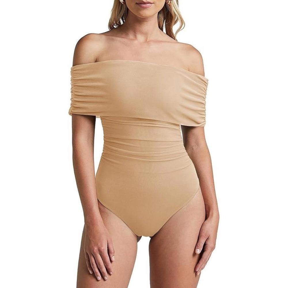 Off Shoulder Bodysuit One Piece Ruched Bodysuit Top Tan Beige Med